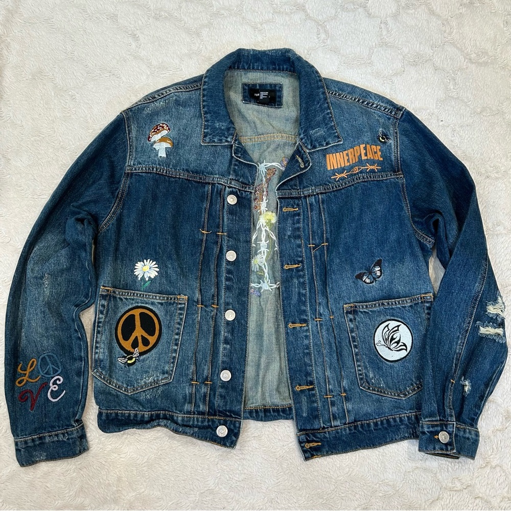 Forever 21 - INNERPEACE Embroidered Bohemian Flower Mushroom Peace Denim Jacket